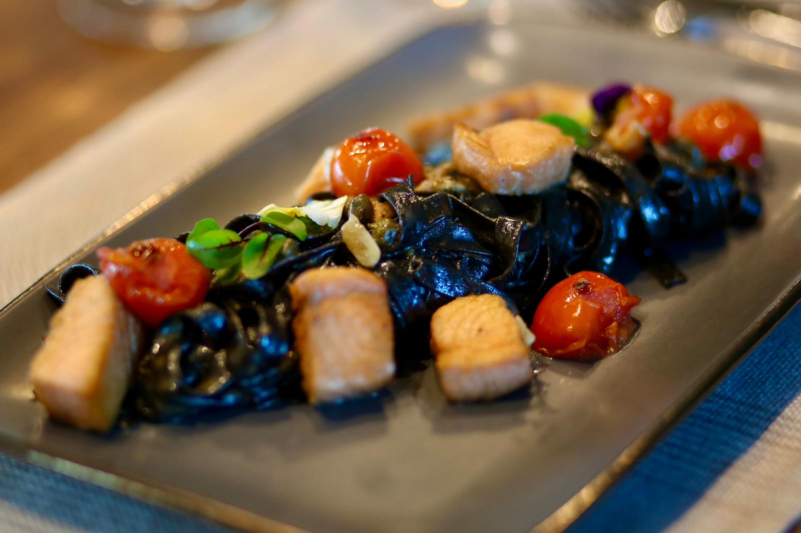 Mushroom risotto with enoki mushrooms from above